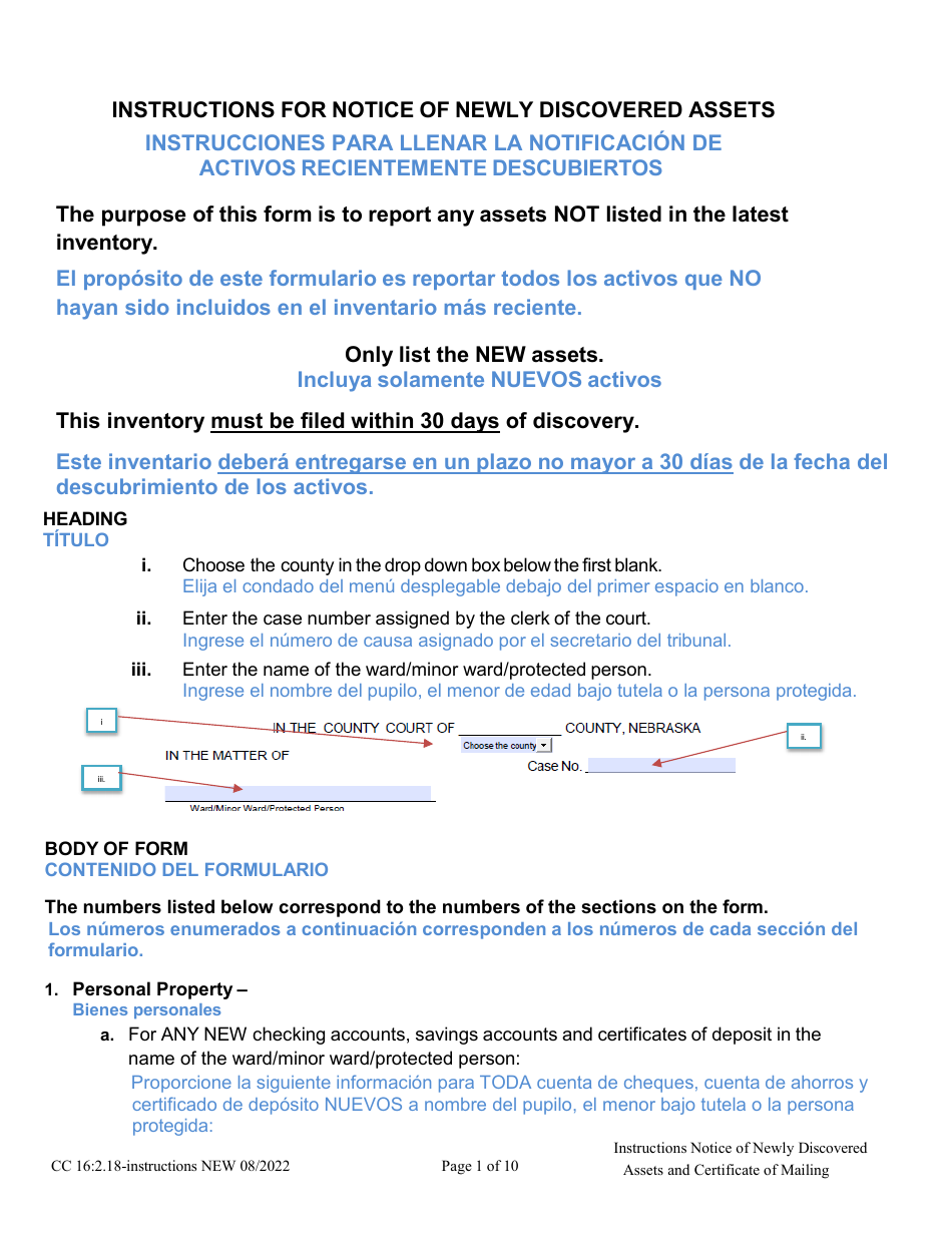 Instructions for Form CC16:2.18 Notice of Newly Discovered Assets - Nebraska (English / Spanish), Page 1