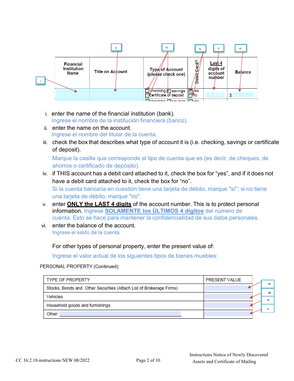 Instructions for Form CC16:2.18 Notice of Newly Discovered Assets - Nebraska (English / Spanish), Page 2