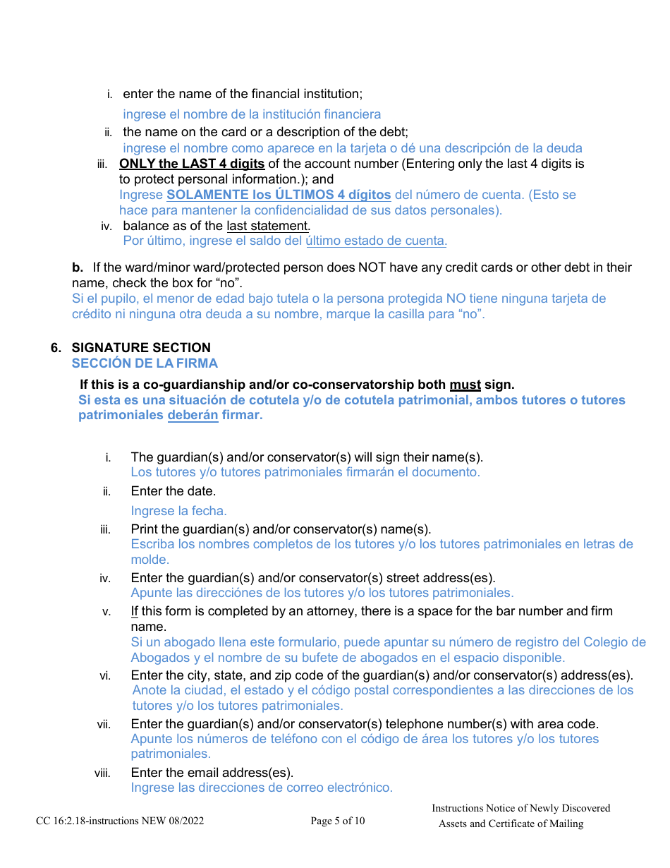 Instructions for Form CC16:2.18 Notice of Newly Discovered Assets - Nebraska (English / Spanish), Page 5