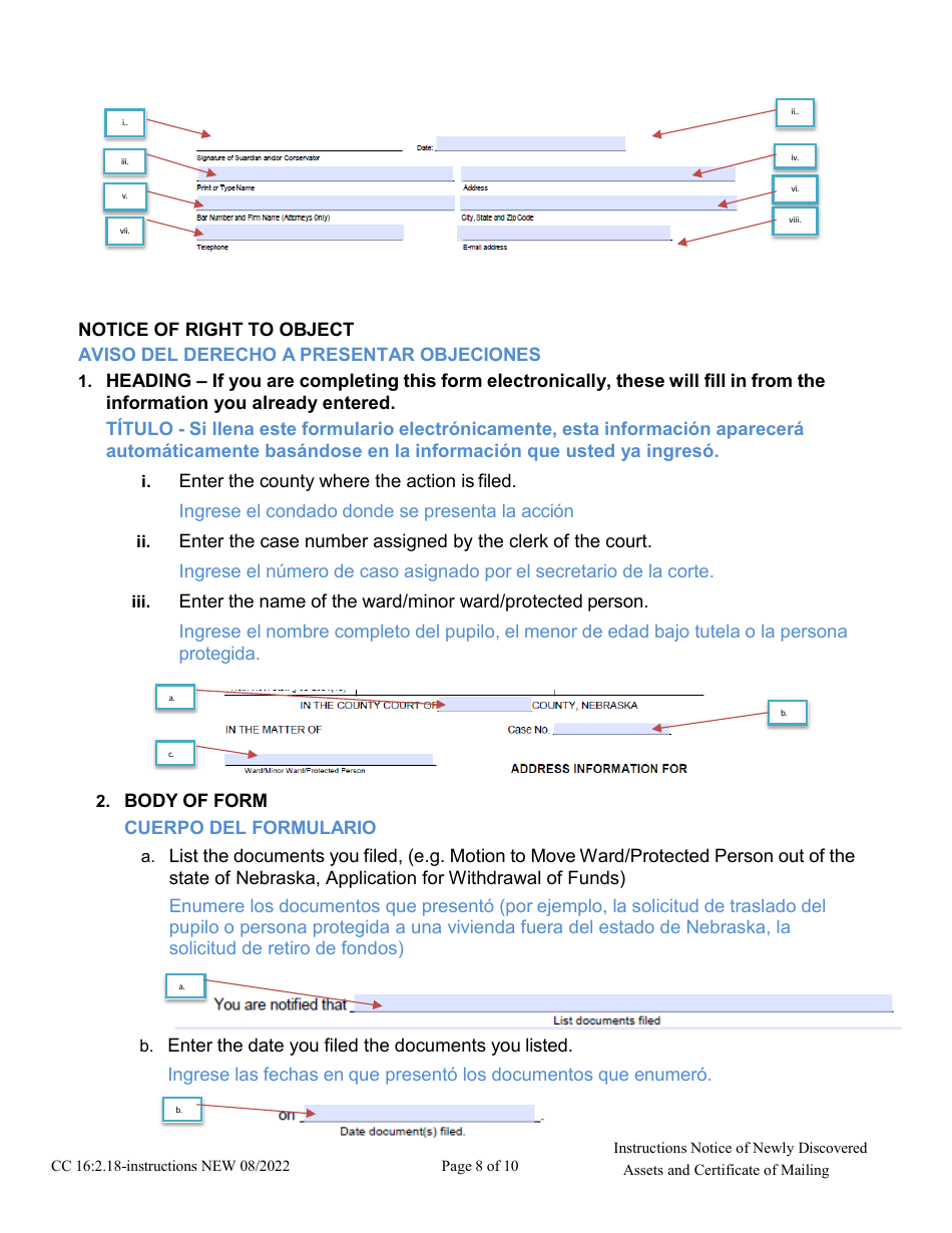 Instructions for Form CC16:2.18 Notice of Newly Discovered Assets - Nebraska (English / Spanish), Page 8
