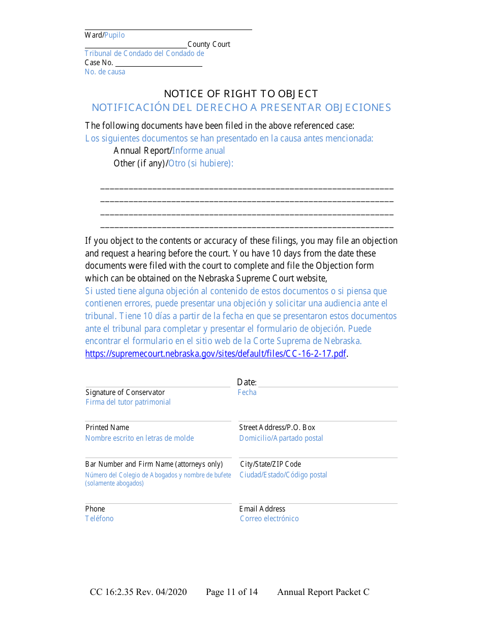 Form CC16:2.35 Packet C - Conservatorship Annual Reporting Forms - Nebraska (English / Spanish), Page 17