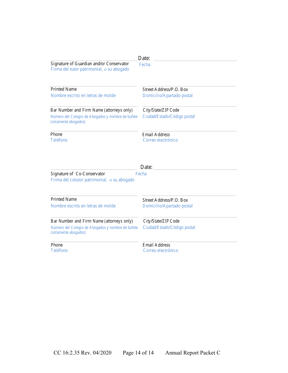 Form CC16:2.35 Packet C - Conservatorship Annual Reporting Forms - Nebraska (English / Spanish), Page 20