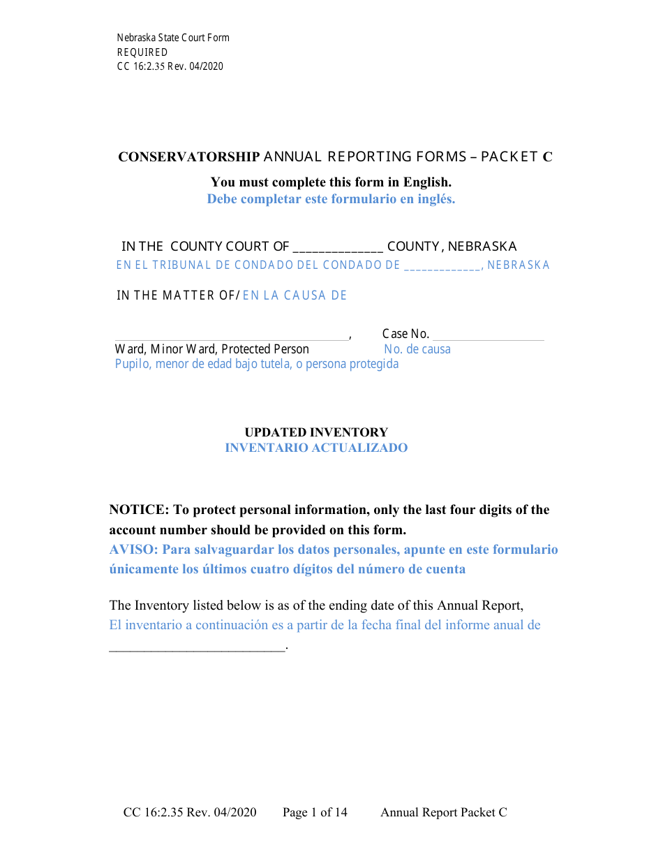 Form CC16:2.35 Packet C - Conservatorship Annual Reporting Forms - Nebraska (English / Spanish), Page 7