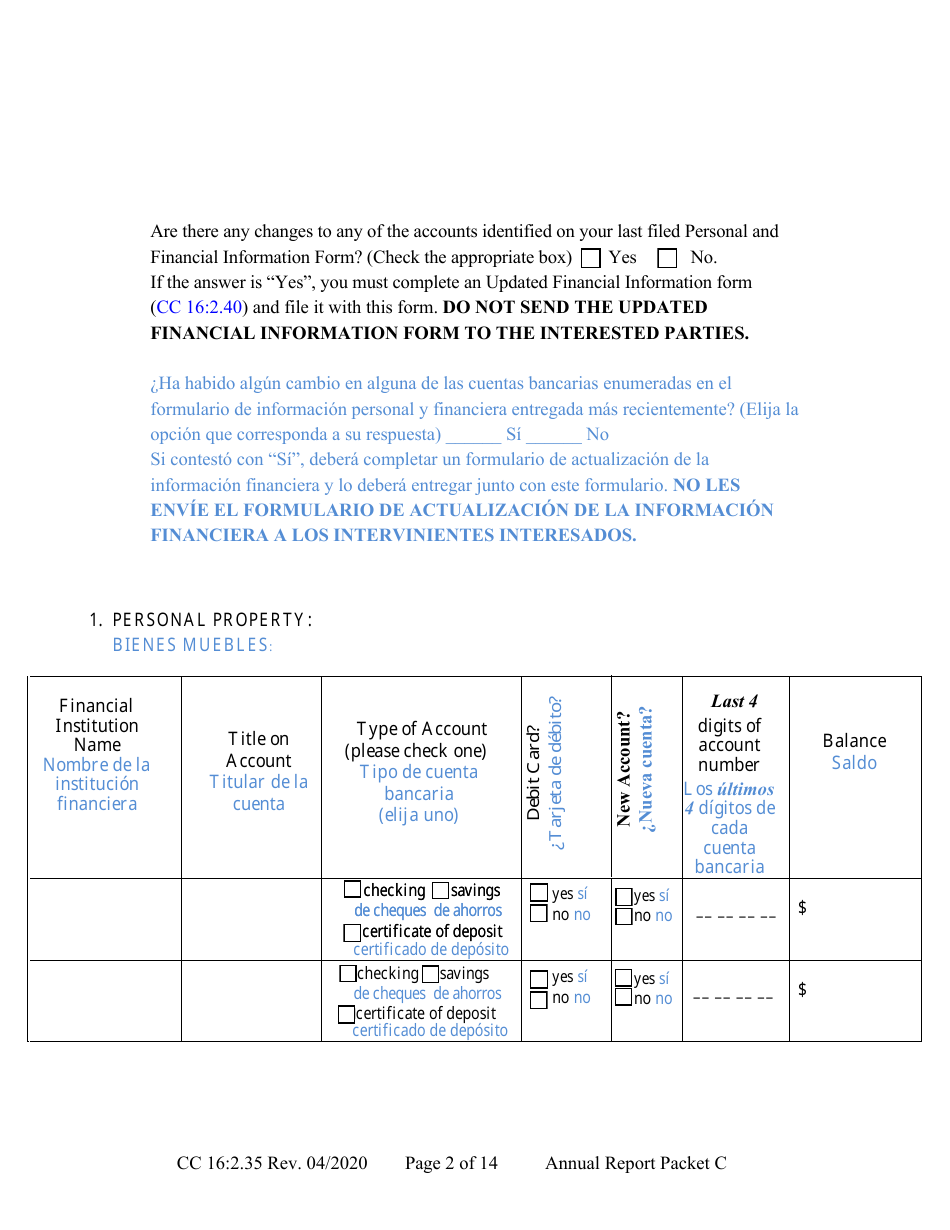 Form CC16:2.35 Packet C - Conservatorship Annual Reporting Forms - Nebraska (English / Spanish), Page 8