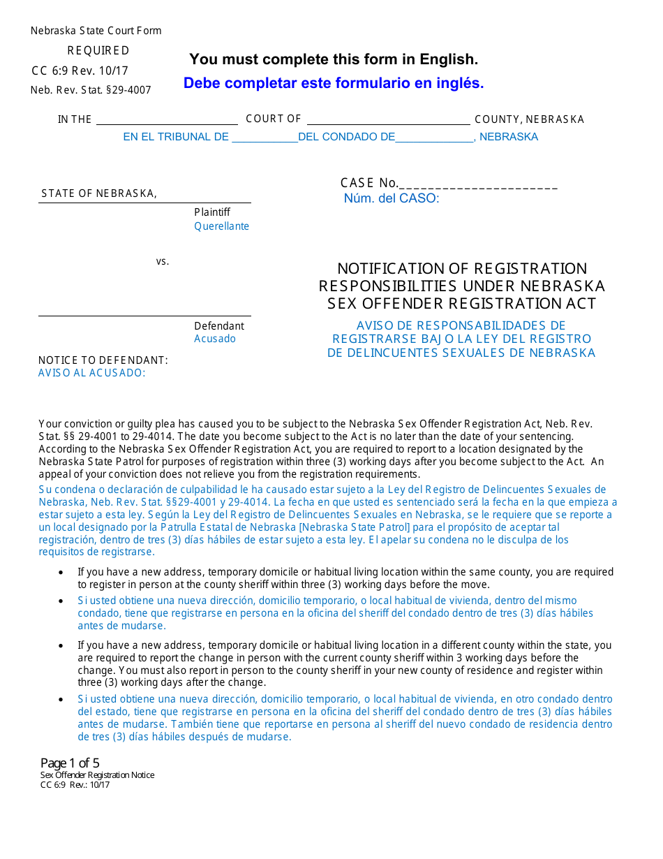 Form CC6:9 Notification of Registration Responsibilities Under Nebraska Sex Offender Registration Act - Nebraska (English / Spanish), Page 1