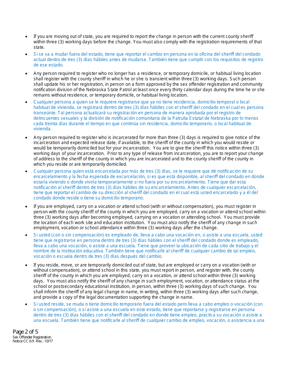 Form CC6:9 Notification of Registration Responsibilities Under Nebraska Sex Offender Registration Act - Nebraska (English / Spanish), Page 2