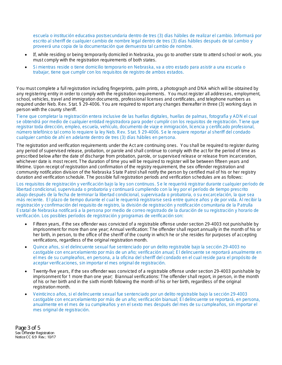 Form CC6:9 Notification of Registration Responsibilities Under Nebraska Sex Offender Registration Act - Nebraska (English / Spanish), Page 3