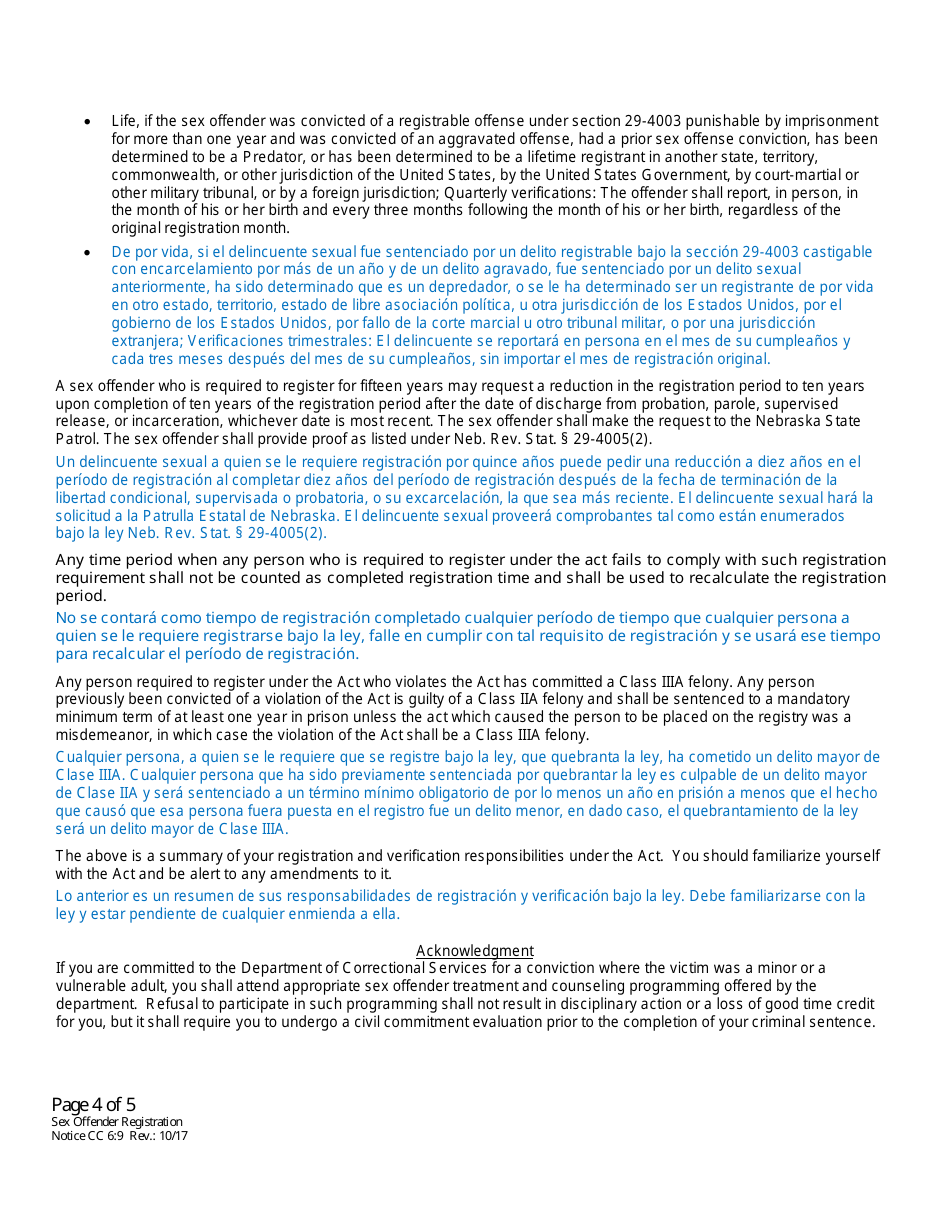 Form CC6:9 Notification of Registration Responsibilities Under Nebraska Sex Offender Registration Act - Nebraska (English / Spanish), Page 4