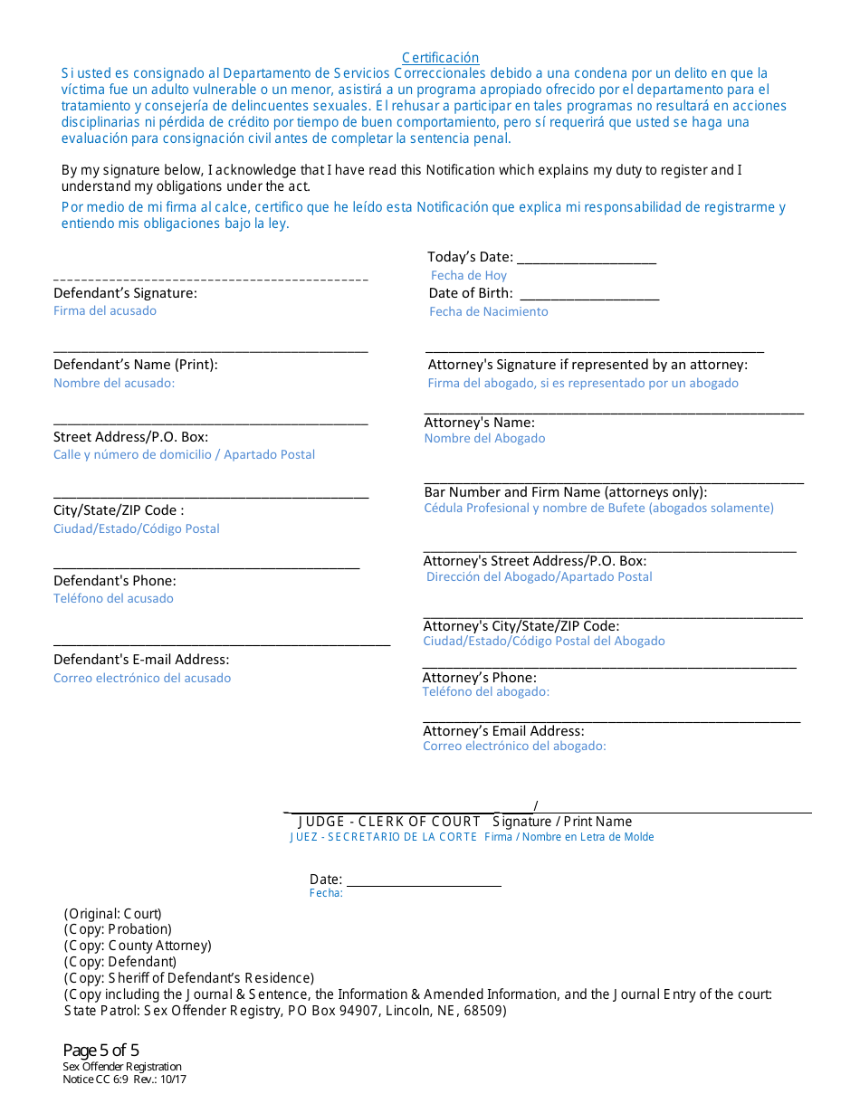 Form CC6:9 Notification of Registration Responsibilities Under Nebraska Sex Offender Registration Act - Nebraska (English / Spanish), Page 5