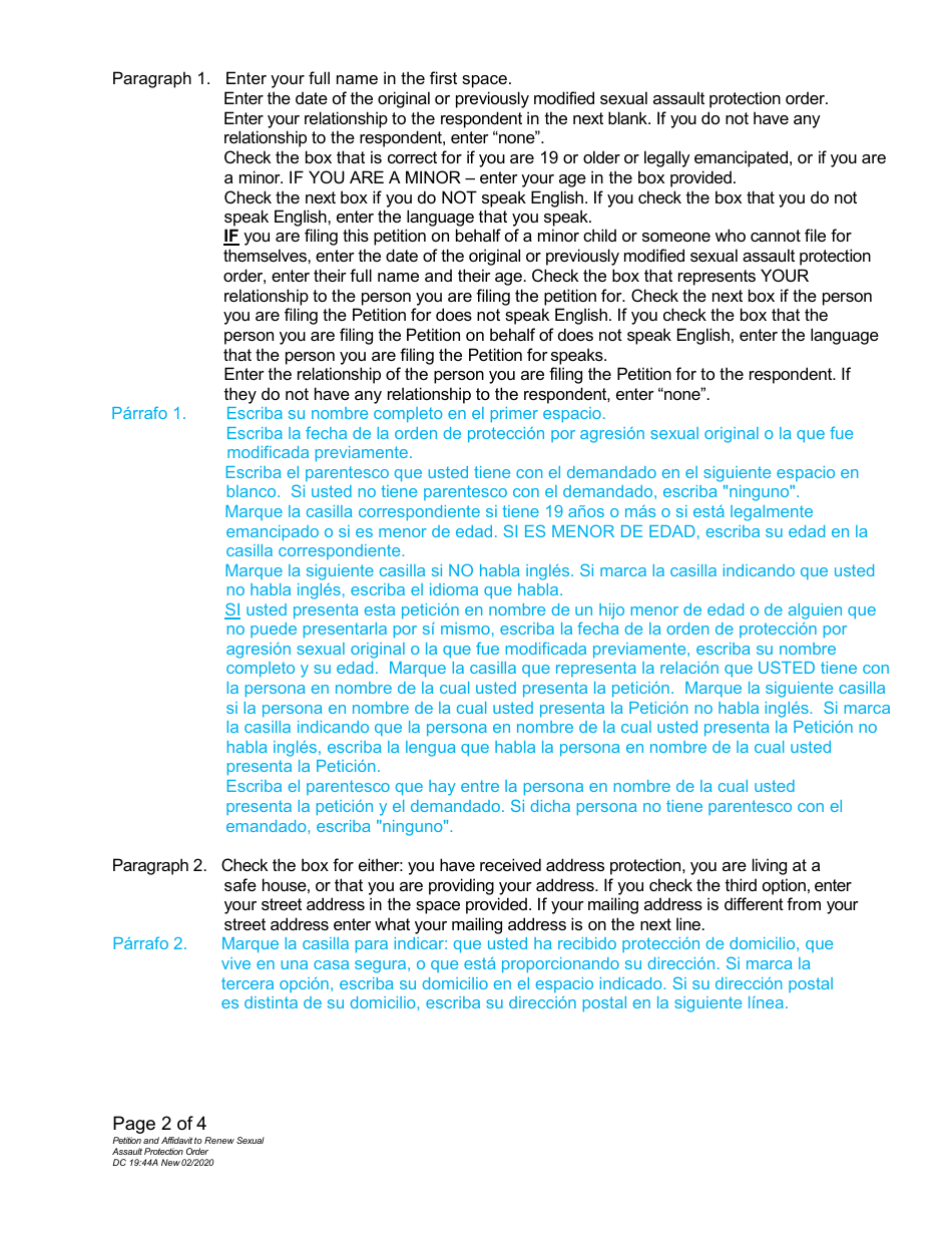 Instructions for Form DC19:44 Petition and Affidavit to Renew Sexual Assault Protection Order - Nebraska (English / Spanish), Page 2