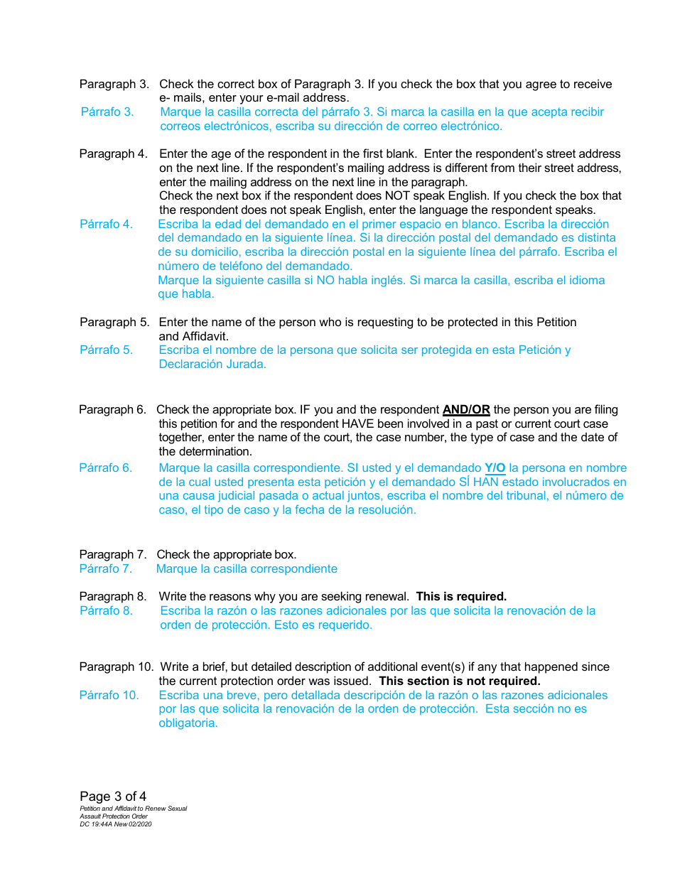 Instructions for Form DC19:44 Petition and Affidavit to Renew Sexual Assault Protection Order - Nebraska (English / Spanish), Page 3