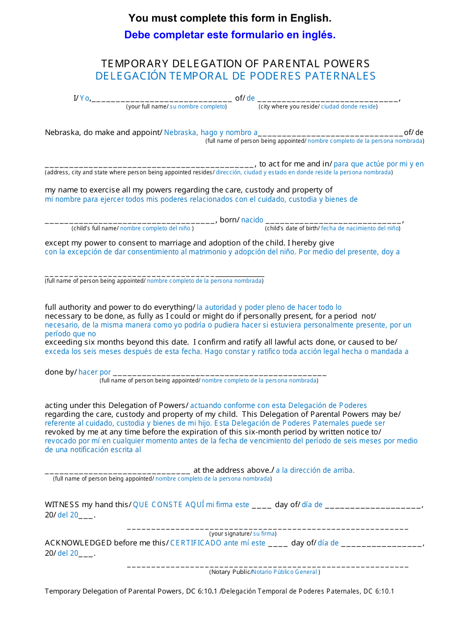 Form DC6:10.1 Temporary Delegation of Parental Powers - Nebraska (English / Spanish), Page 1