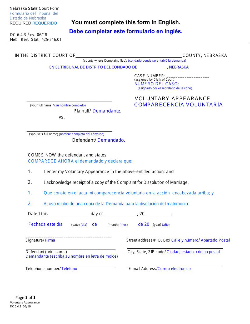 Form DC6:4.3 Voluntary Appearance - Nebraska, Page 1