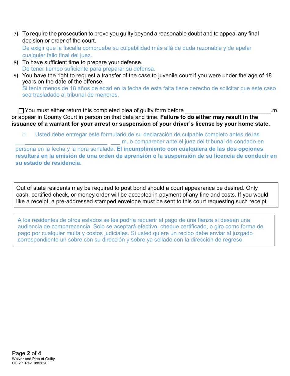 Form CC2:1 Waiver and Plea of Guilty - Nebraska (English / Spanish), Page 2