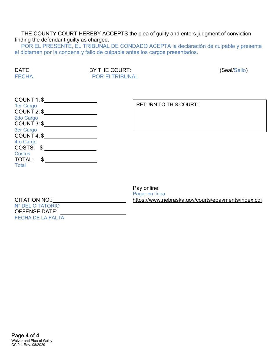 Form CC2:1 Waiver and Plea of Guilty - Nebraska (English / Spanish), Page 4