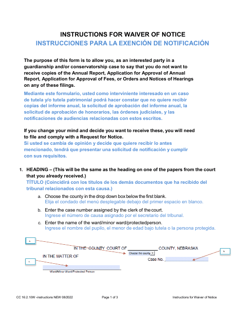 Instructions for Form CC16:2.10W Waiver of Notice - Nebraska (English/Spanish)