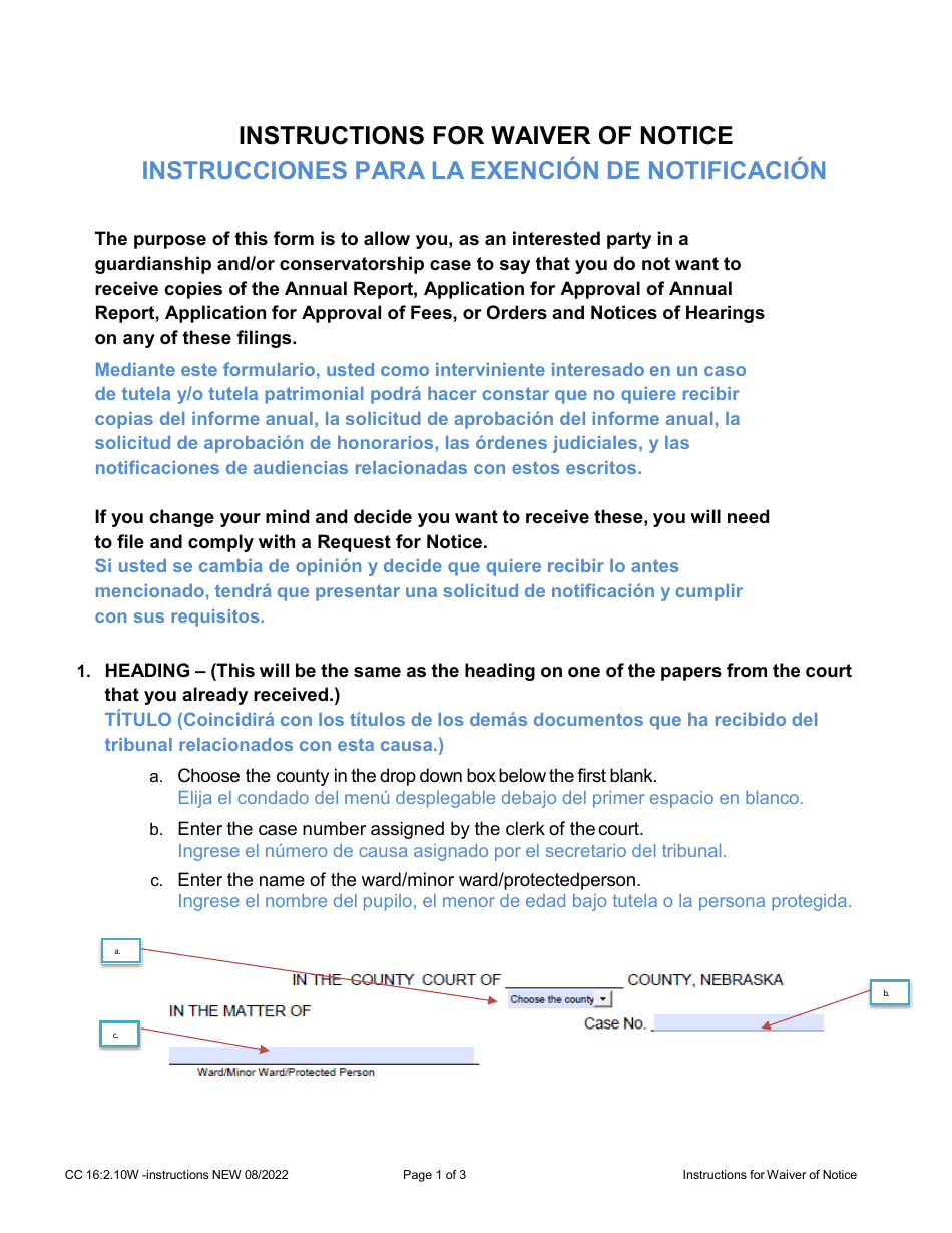 Instructions for Form CC16:2.10W Waiver of Notice - Nebraska (English / Spanish), Page 1