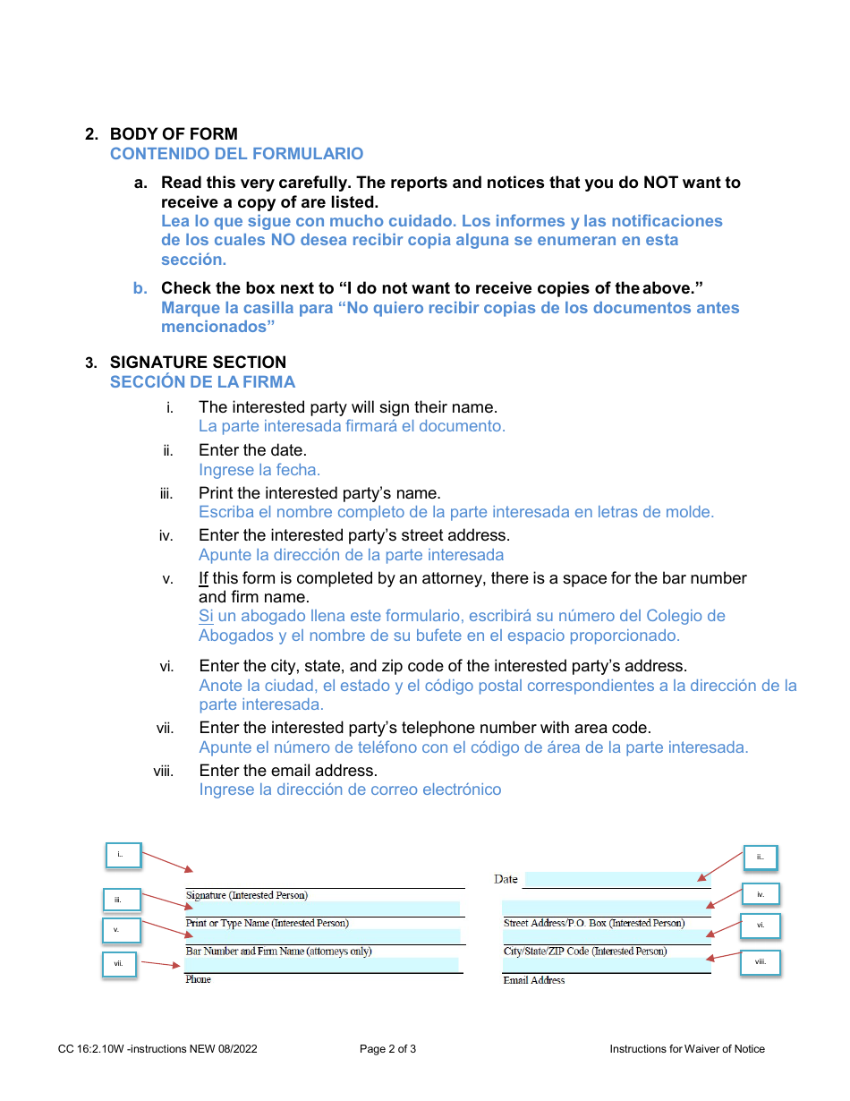 Instructions for Form CC16:2.10W Waiver of Notice - Nebraska (English / Spanish), Page 2