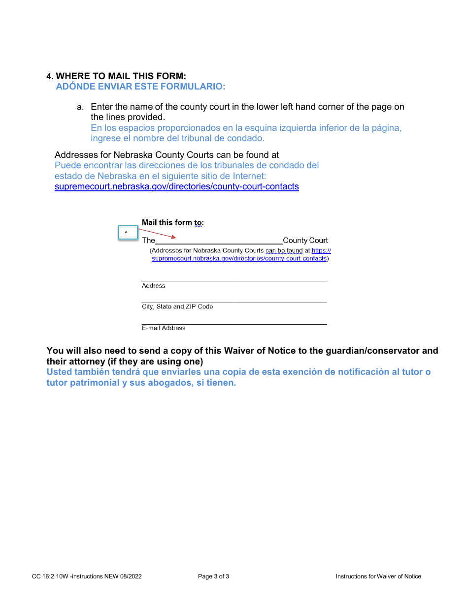 Instructions for Form CC16:2.10W Waiver of Notice - Nebraska (English / Spanish), Page 3