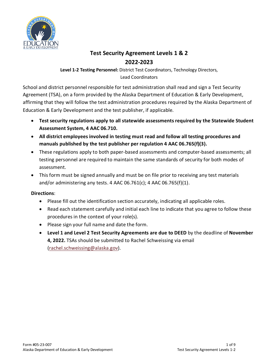 Form 05-23-007 Test Security Agreement Levels 1  2 - Alaska, Page 1