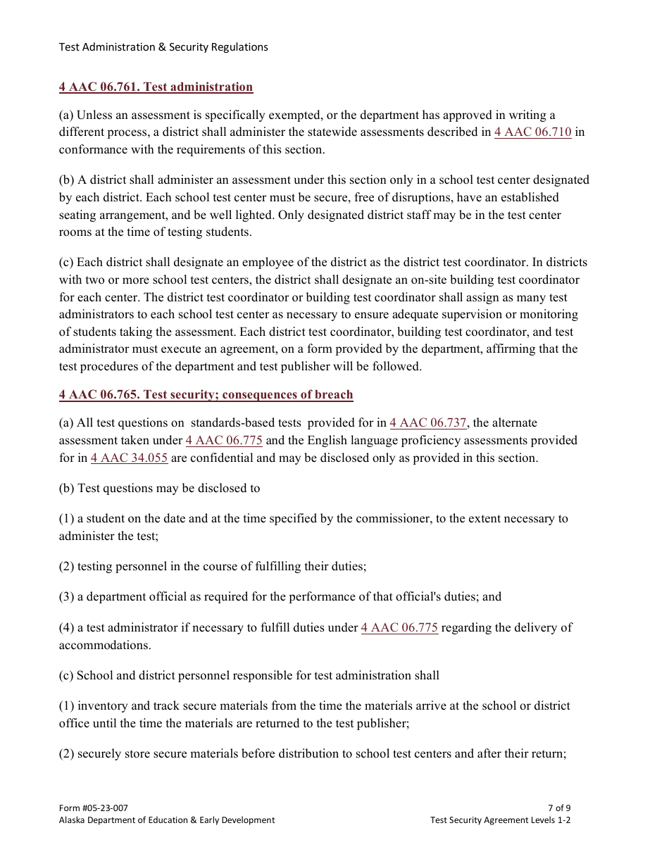 Form 05-23-007 Test Security Agreement Levels 1  2 - Alaska, Page 7