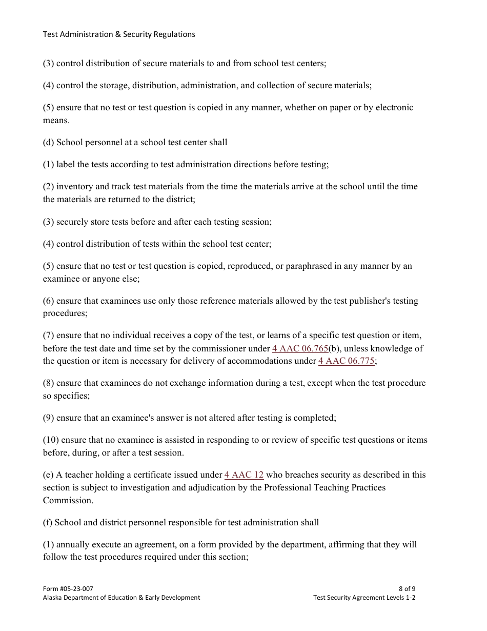 Form 05-23-007 Test Security Agreement Levels 1  2 - Alaska, Page 8