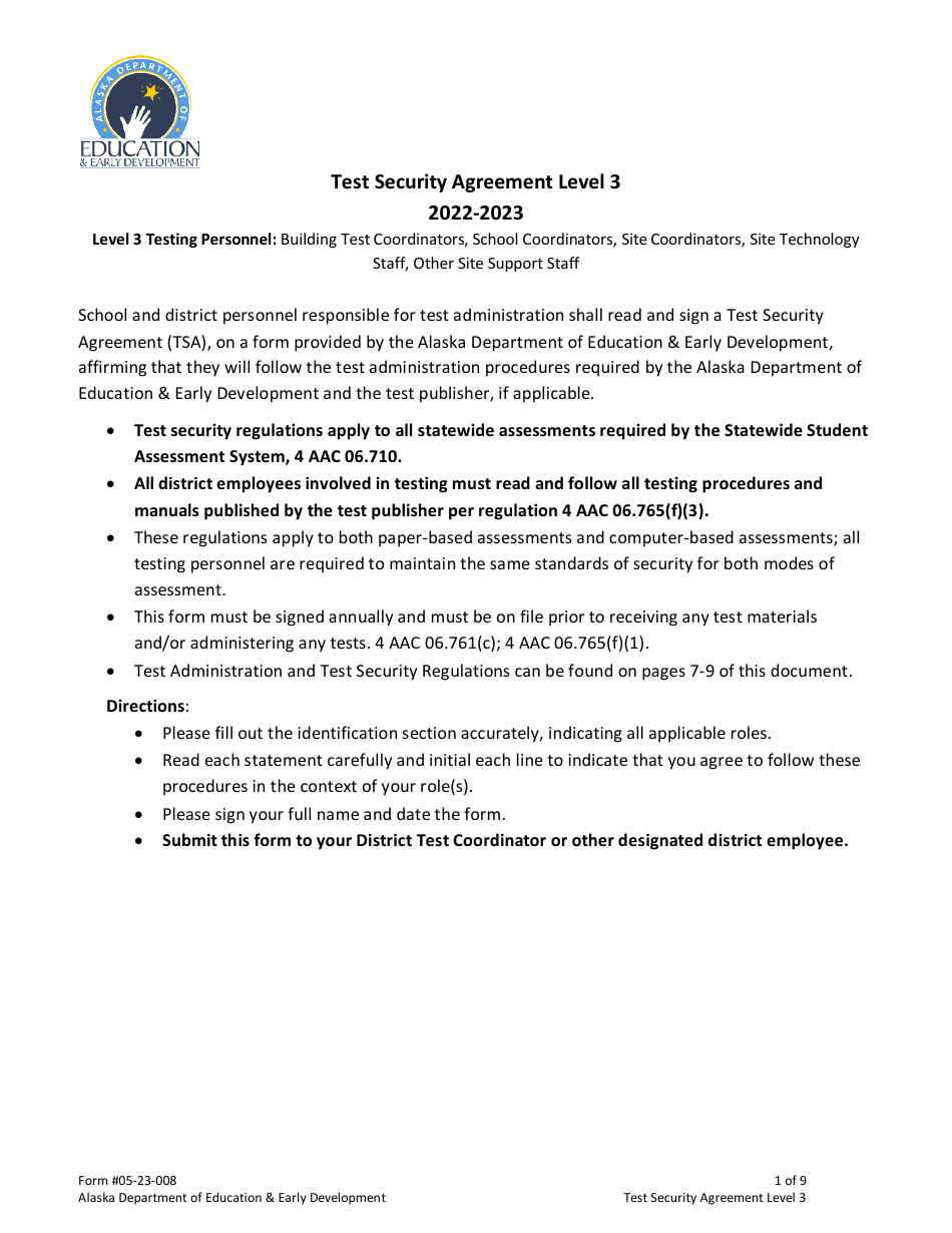 Form 05-23-008 Test Security Agreement Level 3 - Alaska, Page 1