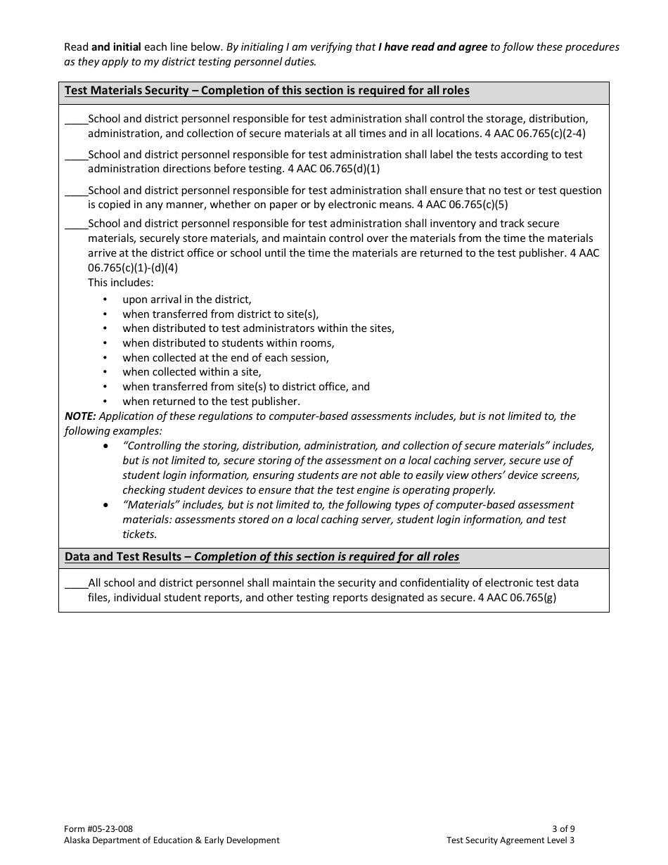 Form 05-23-008 Test Security Agreement Level 3 - Alaska, Page 3