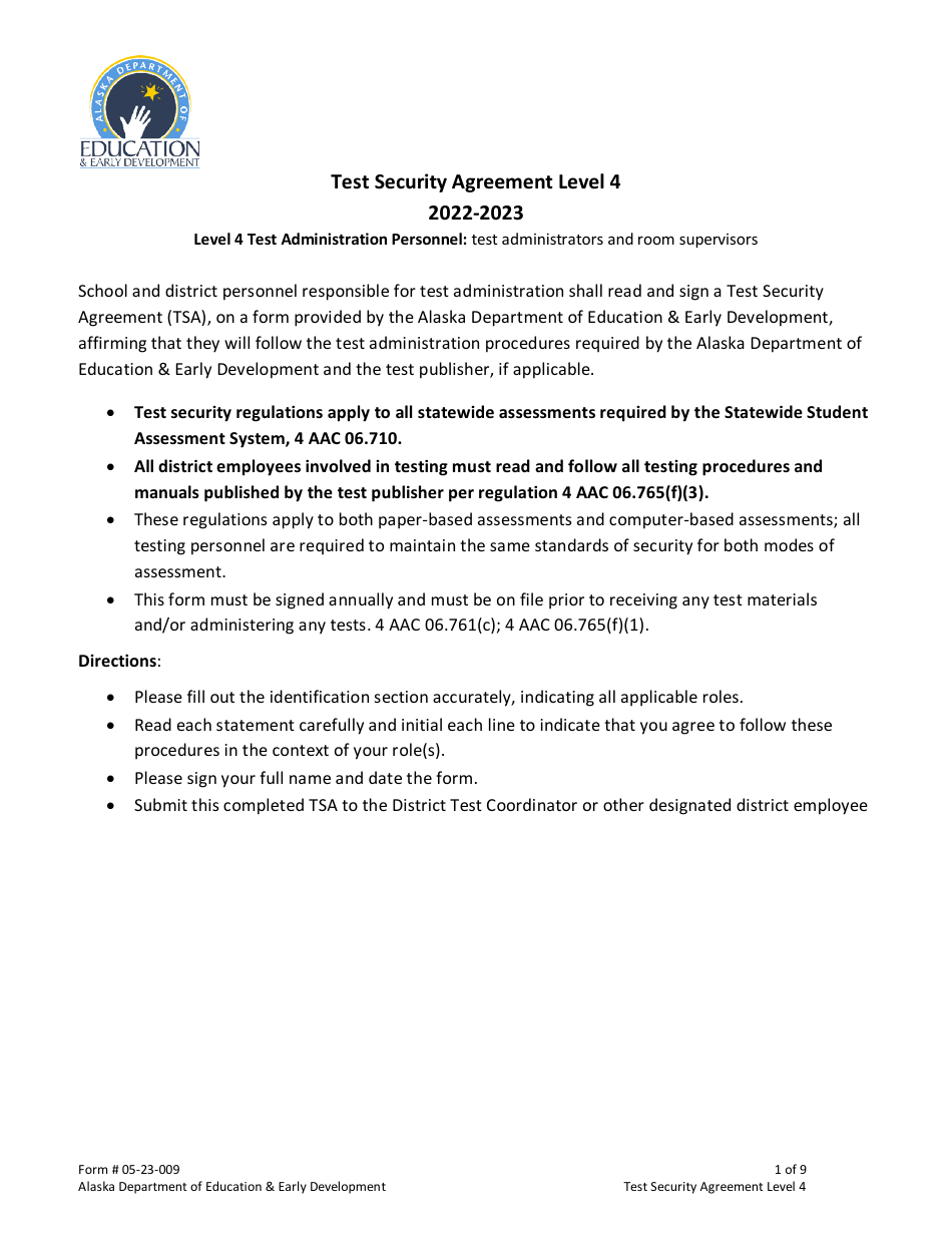 Form 05-23-009 Test Security Agreement Level 4 - Alaska, Page 1