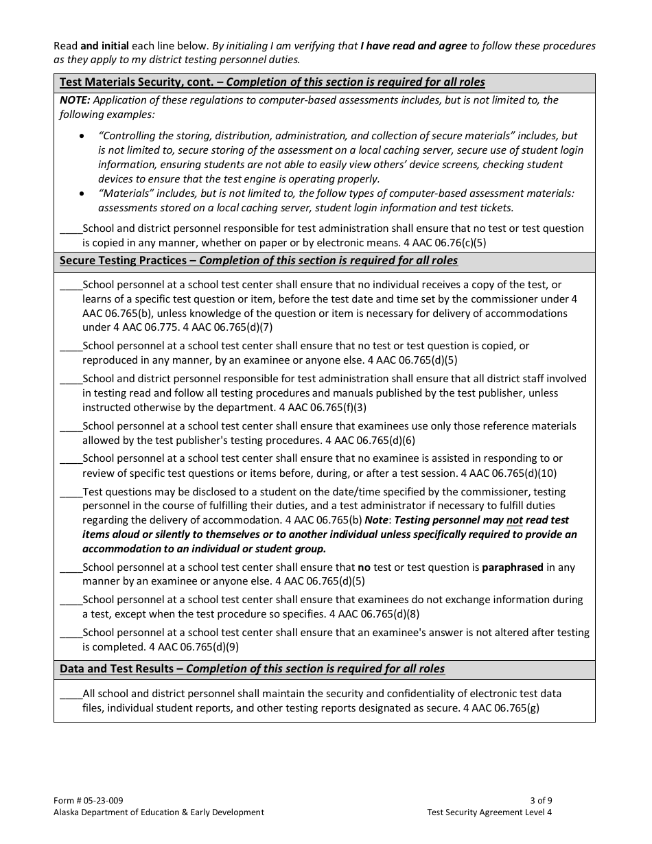 Form 05-23-009 Test Security Agreement Level 4 - Alaska, Page 3