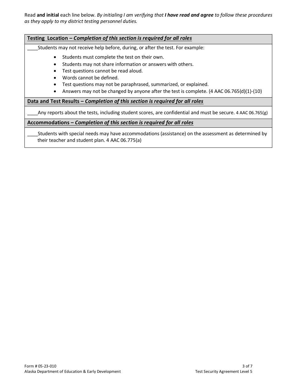 Form 05-23-010 Test Security Agreement Level 5 - Alaska, Page 3