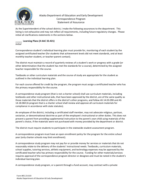 Form 05-23-019 Statement of Assurance - Correspondence Program - Alaska