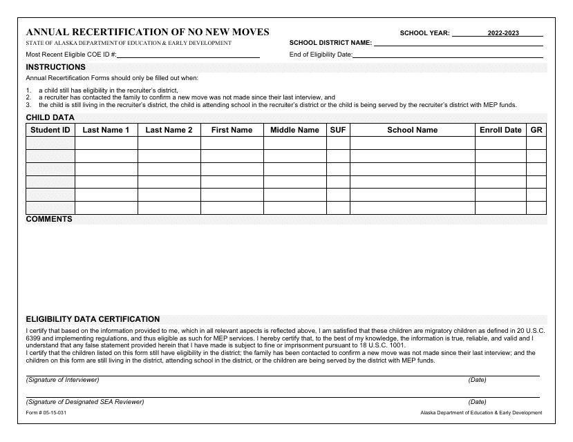 Form 05-15-031 Annual Recertification of No New Moves - Alaska, 2023