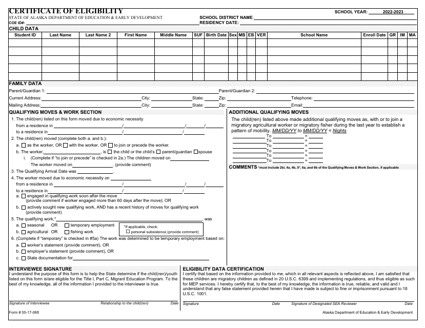 Form 05-17-068 Certificate of Eligibility - Nebraska, 2023