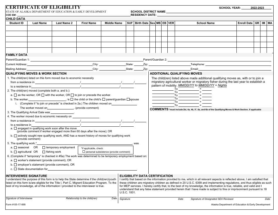 Form 05-17-068 Certificate of Eligibility - Nebraska, Page 1