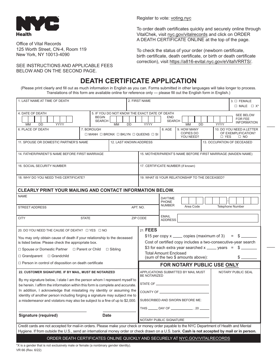 Form VR66 Death Certificate Application - New York City, Page 1