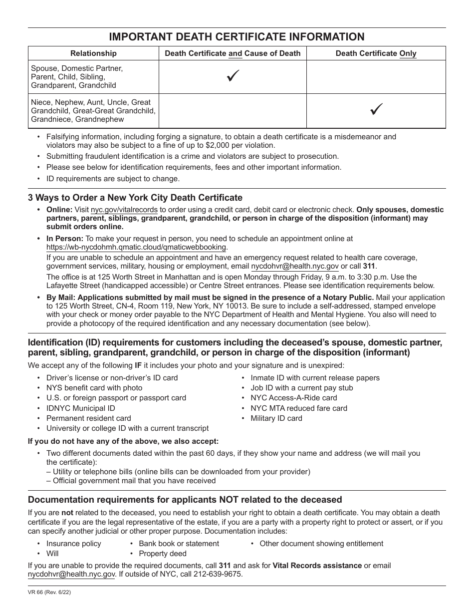 Form VR66 Death Certificate Application - New York City, Page 2