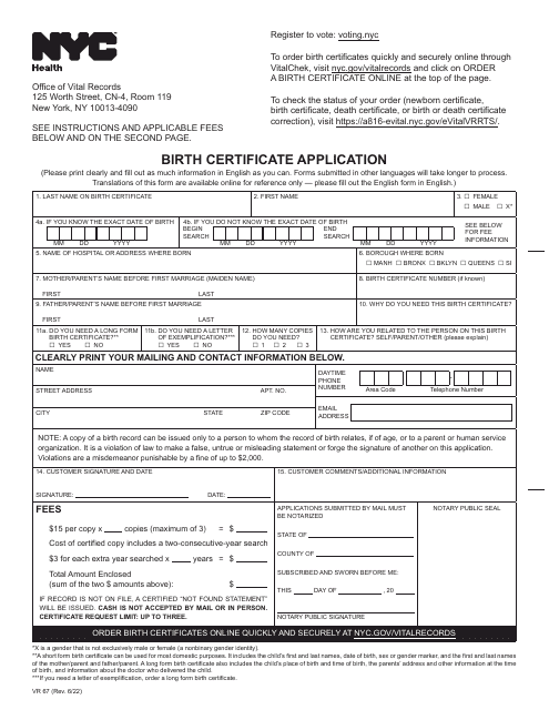 Form VR67 Birth Certificate Application - New York City