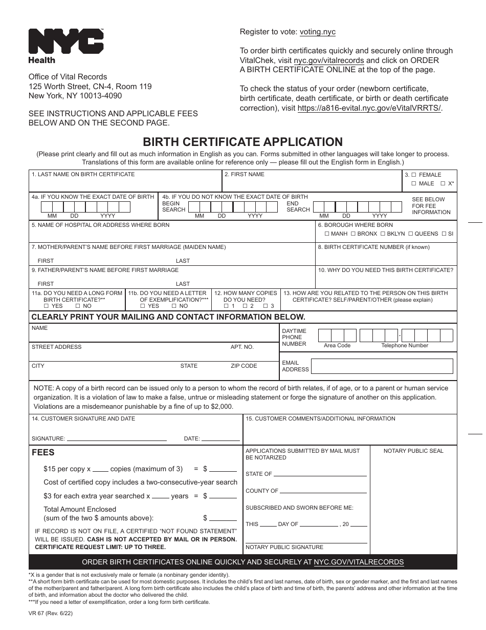 Form VR67 Download Fillable PDF or Fill Online Birth Certificate ...