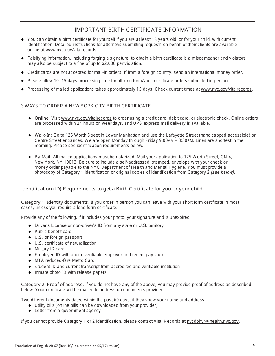 Form VR67 Birth Certificate Application - New York City (English / Italian), Page 4