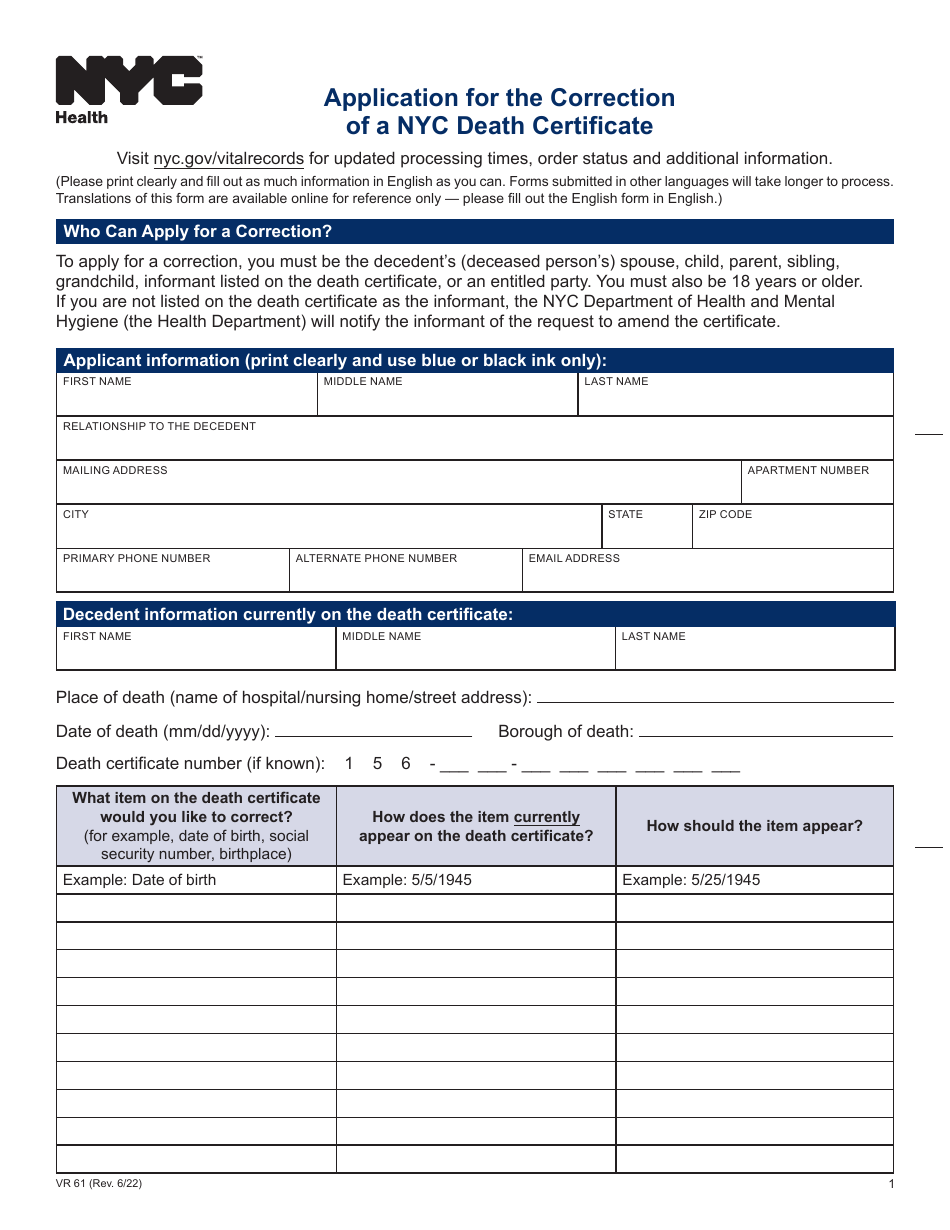 Form VR61 Application for the Correction of a Nyc Death Certificate - New York City, Page 1