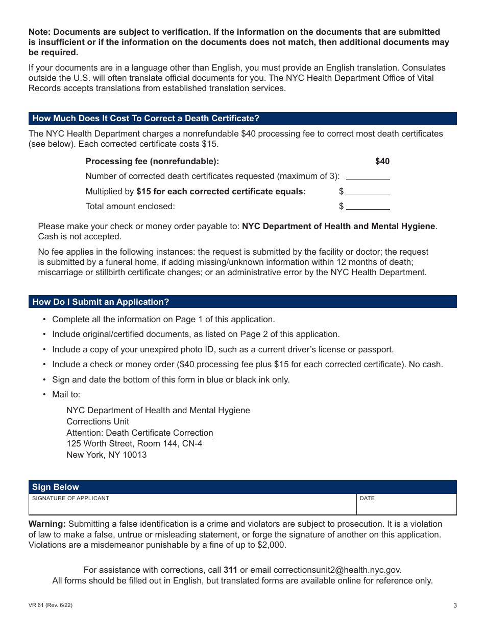 Form VR61 Application for the Correction of a Nyc Death Certificate - New York City, Page 3