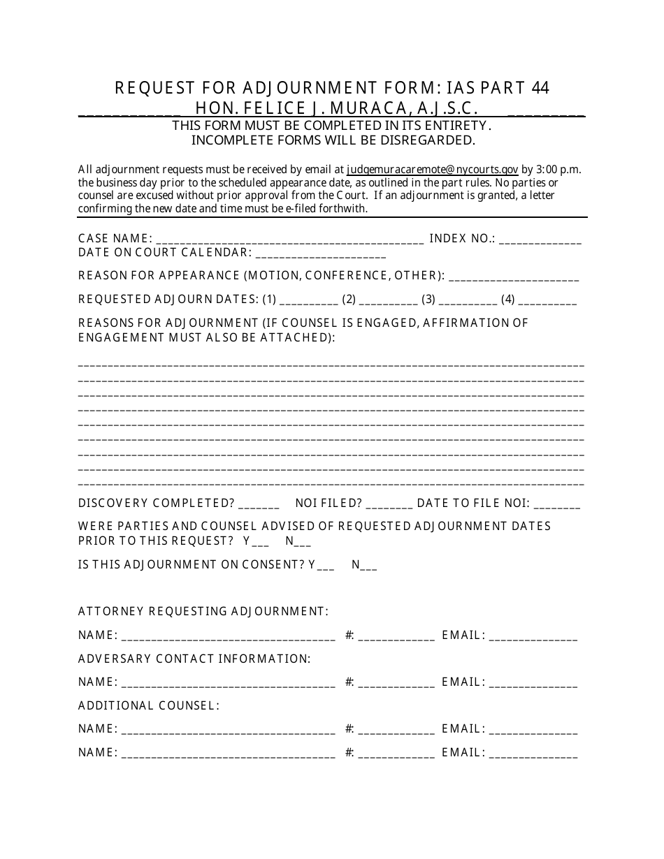 Request for Adjournment Form - New York, Page 1