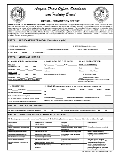 AZPOST Form ME Medical Examination Report - Arizona
