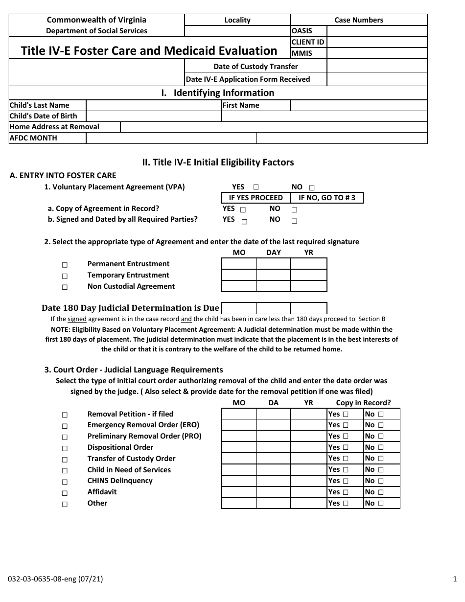 Form 032-03-0635-08-ENG Title IV-E Foster Care and Medicaid Evaluation - Virginia, Page 1