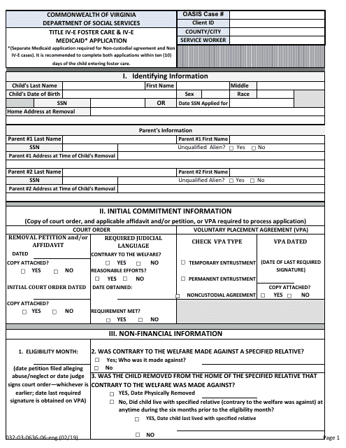 Form 032-03-0636-06-ENG Title IV-E Foster Care & IV-E Medicaid Application - Virginia