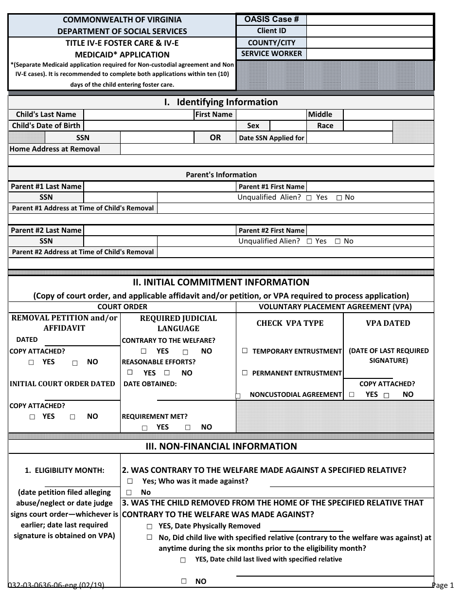 Form 032-03-0636-06-ENG Title IV-E Foster Care  IV-E Medicaid Application - Virginia, Page 1