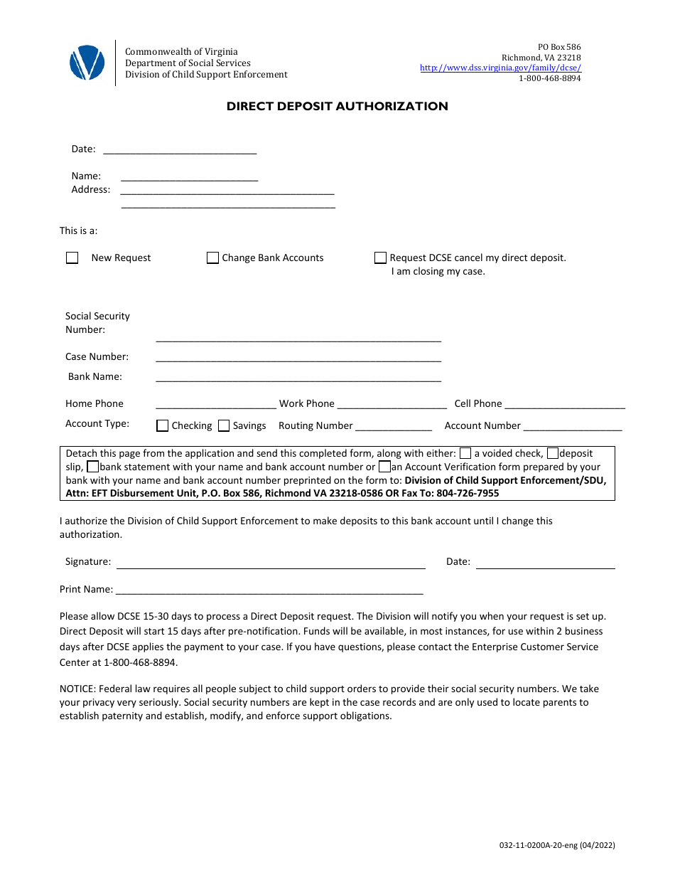 Form 032-11-0200A-20-ENG Direct Deposit Authorization - Virginia, Page 1