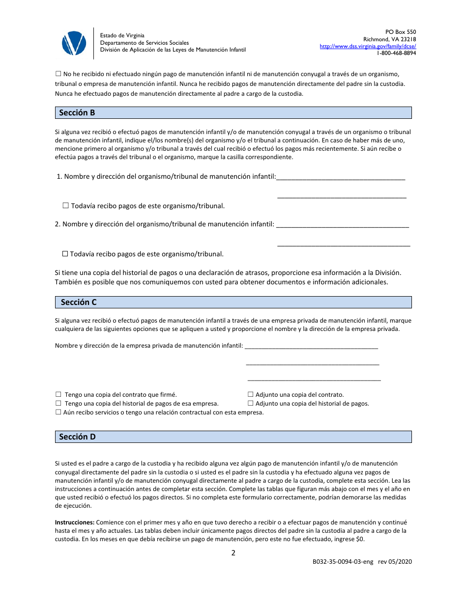 Formulario B032-35-0094-03-ENG Estado De Los Pagos - Virginia (Spanish), Page 2