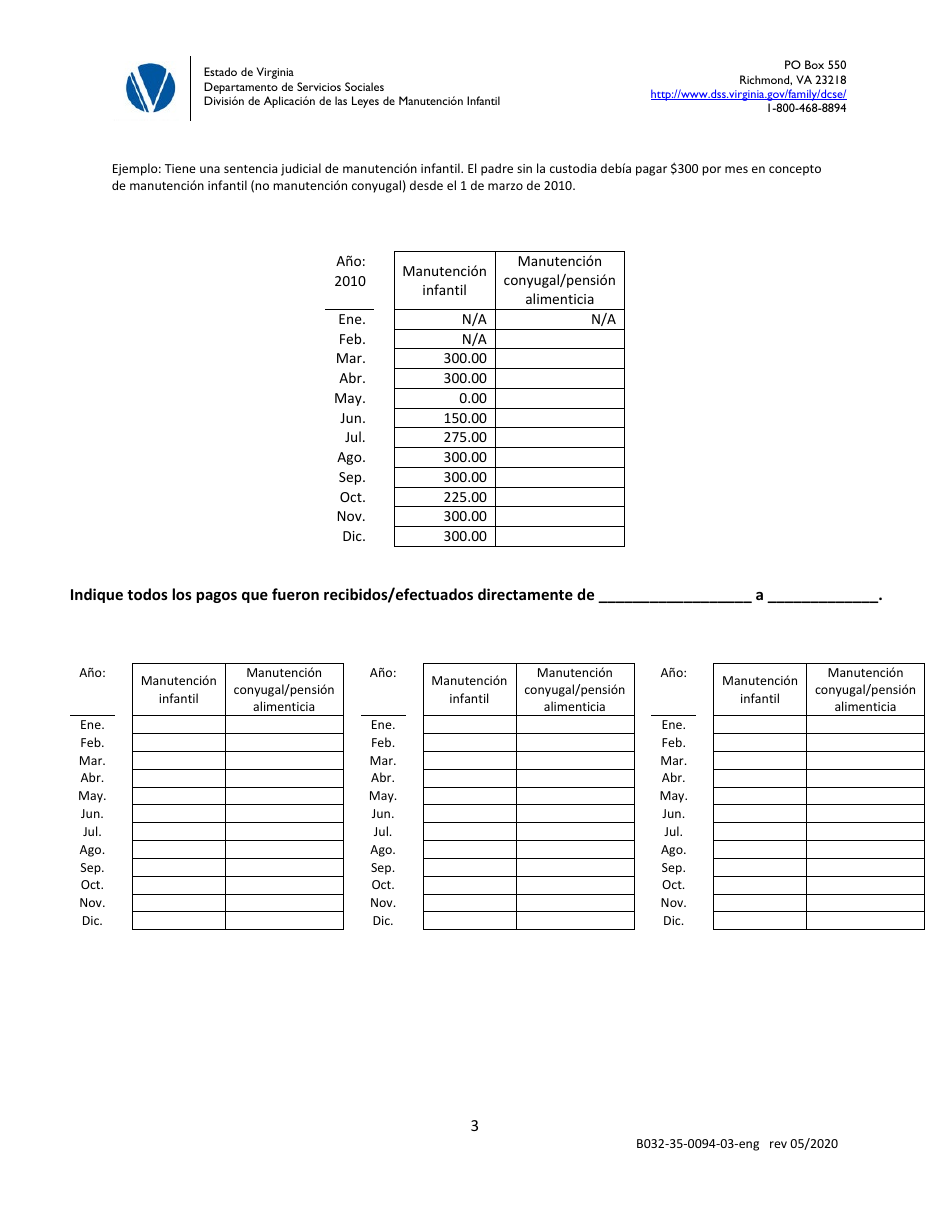 Formulario B032-35-0094-03-ENG Estado De Los Pagos - Virginia (Spanish), Page 3